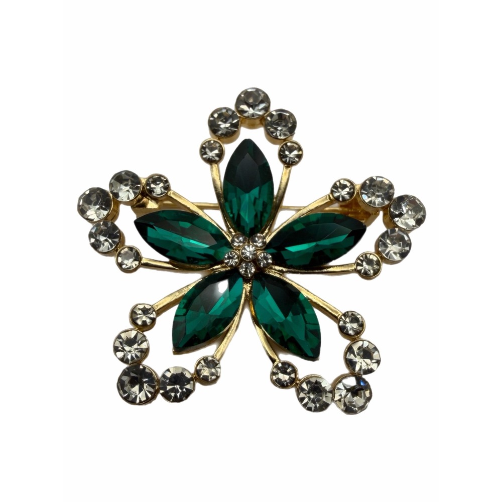 Emerald Green White Crystal Flower Brooch Gold Tone with Rhinestones